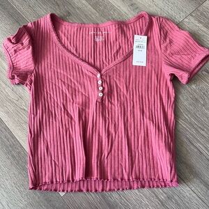 Pink Ribbed Button-Up Top